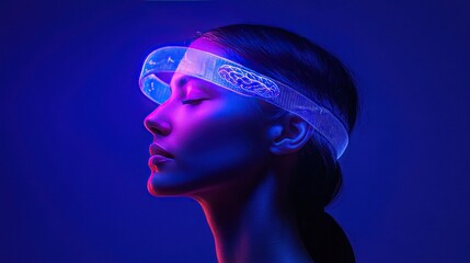 A futuristic headband designed for sleep tracking, monitoring brain activity and sleep stages, with holographic projections of sleep metrics like duration and sleep score displayed in mid-air