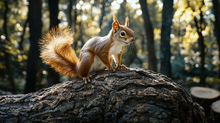 Obraz premium Red squirrel perched on a log in a forest.
