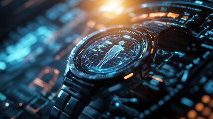 A futuristic smart watch syncing with other wearable devices, showing detailed health data, workout stats, and sleep patterns, projected in holographic displays around the user