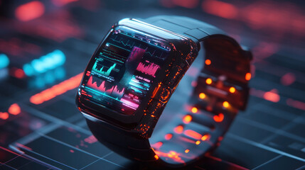 A futuristic smart watch syncing with other wearable devices, showing detailed health data, workout stats, and sleep patterns, projected in holographic displays around the user