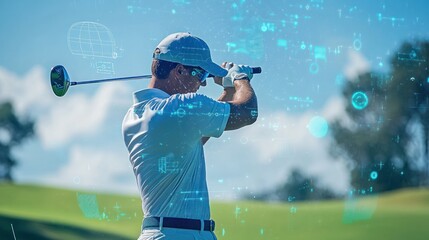 A golfer using a smart wearable sensor on their wrist to analyze swing precision, ball distance, and speed, with holographic data overlays displaying technique adjustments and performance goals