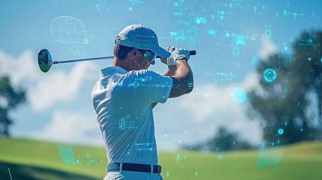 A golfer using a smart wearable sensor on their wrist to analyze swing precision, ball distance, and speed, with holographic data overlays displaying technique adjustments and performance goals
