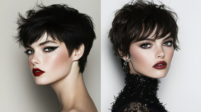 Two women with striking pixie cuts and bold makeup exude confidence and style. Their short, edgy hairstyles feature tapered sides, enhancing their sharp, modern look. dramatic eye makeup and deep red