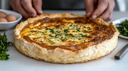 Skilled hands place a beautifully cooked quiche, emphasizing the devotion to homemade culinary artistry and savory delight.