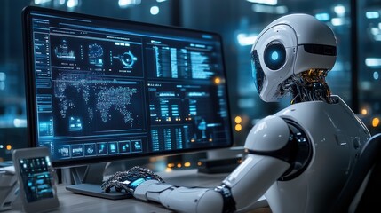 Fototapeta premium A high-tech workspace with autonomous robots assisting human workers, while digital dashboards display productivity analytics and task management