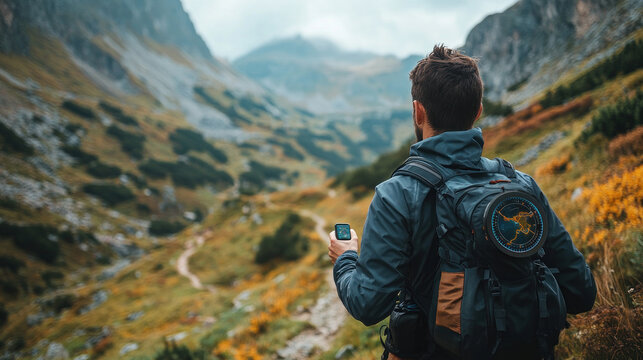 A hiker using a smart watch to track elevation, distance, and heart rate while navigating through rugged terrain, with augmented reality overlays showing trail routes - Powered by Adobe