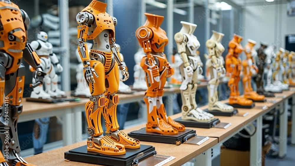 Poster A collection of robotic models with distinct orange and white designs is arranged on display at a technology exhibition, highlighting creative engineering and design.