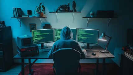 Cybercrime, hacker and thinking at computer for virus, overlay and futuristic at desk. Male criminal, hoodie and ready for coding, cyber attack and programming for malware with tech, scam and data