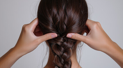 Obraz premium Braiding process with hands in focus, showcasing step by step technique for creating neat braid on brown hair. image highlights intricate details of braiding process