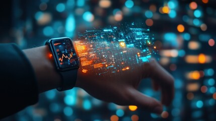 A professional checking their smart watch for notifications, health stats, and upcoming meetings, with holographic interfaces displaying real-time updates floating above the wrist