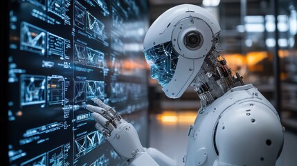 Fototapeta premium A research lab where AI is used to discover new technologies, with virtual models of AI systems analyzing and predicting future trends