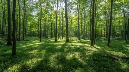 Fototapeta premium Sunlit forest showcasing vibrant green foliage and serene atmosphere.