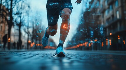 A runner using a smart wristband to monitor speed, distance, and heart rate during a marathon, with augmented reality visuals displaying their pace, personal bests, and hydration reminders