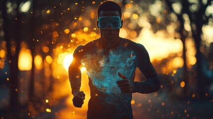 A runner wearing a smart shirt that tracks heart rate, breathing patterns, and body temperature in real time, with holographic fitness data projected in front of them during the workout