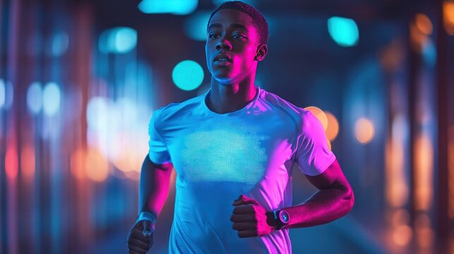 A runner wearing a smart shirt that tracks heart rate, breathing patterns, and body temperature in real time, with holographic fitness data projected in front of them during the workout