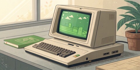 Digital Memories A nostalgic scene where the laptop is slightly open revealing a screen filled with a retro screensaver of bouncing green shapes. The heavy frame exudes a vintage