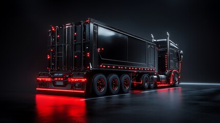A black semi-trailer truck with red lights is parked on a dark road.