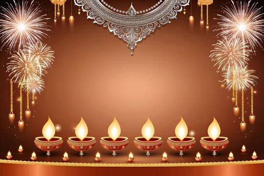 Radiant Diwali Postcard Background with Soft Copper Gradient, Intricate Silver Designs, Glowing Lamps, and Cascading Fireworks for a Joyful Celebration of Lights