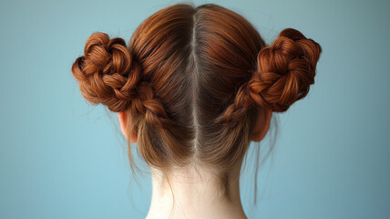 Two intricate braids styled into buns on person head, showcasing creative and elegant hairstyle against soft blue background