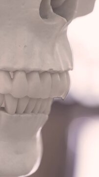 Dentistry Side view of human artificial jaw bone or mandible model on white background Correction of malpositioned teeth , jaws, misaligned bite patterns