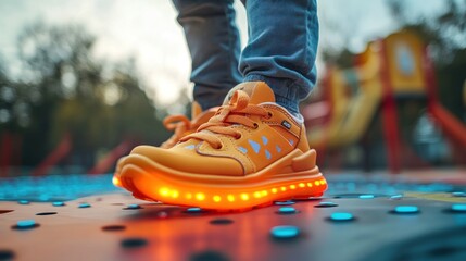 A smart shoe for kids that tracks steps, jump height, and activity levels, with augmented reality visuals showing fun challenges and rewards as the child plays