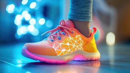 A smart shoe for kids that tracks steps, jump height, and activity levels, with augmented reality visuals showing fun challenges and rewards as the child plays