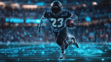 A smart sports jersey that tracks athletic performance during a game, with real-time holographic data on speed, heart rate, and calories burned projected on the field