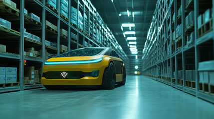 A smart warehouse where AI-driven robots sort and manage inventory, with digital interfaces monitoring workflow and efficiency in real time