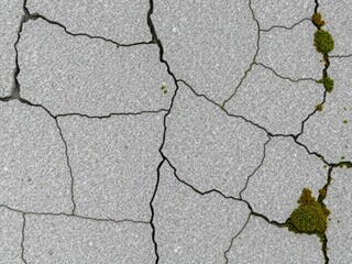 Obraz premium Rough, weathered gray stone texture with cracks and moss, moss