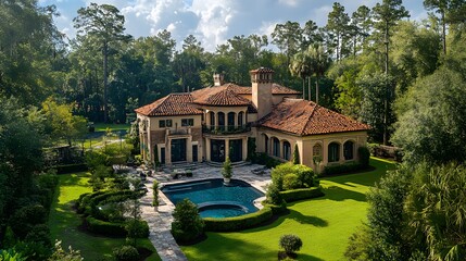 Fototapeta premium Breathtaking view of a luxurious mansion with a pool surrounded by lush greenery.