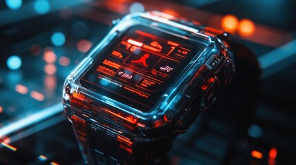A smart watch used in a virtual fitness class, tracking movement and performance while displaying real-time workout feedback, calories burned, and heart rate on a holographic interface