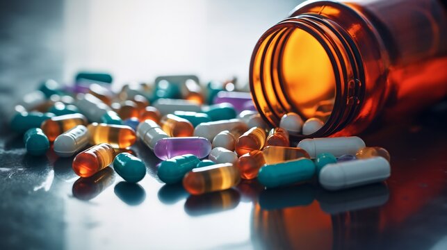 Spilled Pill Bottle with Scattered Medication Capsules on a Table