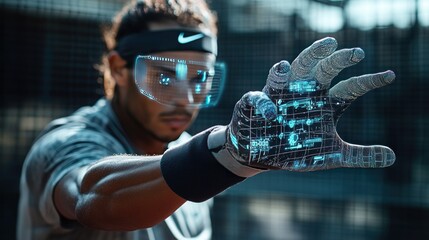 A tennis player using a smart glove to track grip strength, swing speed, and hand movement, with holographic visuals showing real-time improvements and performance tips