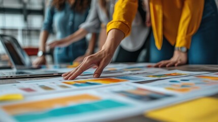 A team working in a virtual meeting space planning a digital marketing strategy, with augmented reality charts showing market trends, customer segmentation, and ad performance
