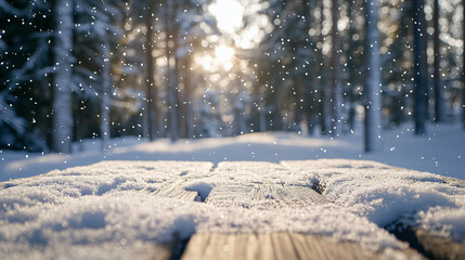 Winter christmas scenic landscape with wooden flooring strewn with snow in forest in background