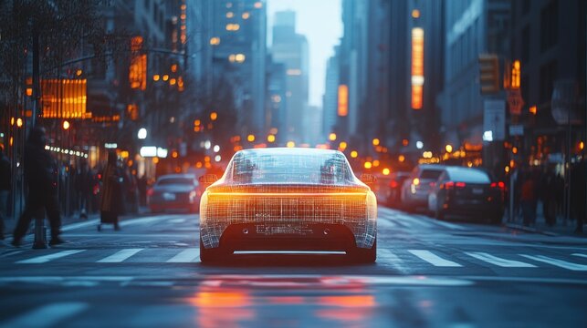 An AI-driven self-driving car navigating through city streets, with digital overlays of its decision-making processes and real-time data
