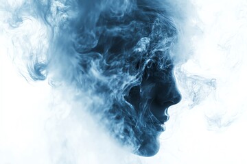 A blue smoke effect creates the shape of a human face in profile, representing mystery and intrigue.