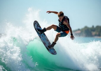Surfer performs an impressive aerial maneuver above ocean waves at a beach in bright sunlight