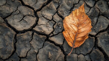 A dried, cracked leaf on a parched riverbed, Symbolizing environmental degradation and climate change