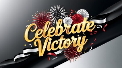 Gold "Celebrate Victory" text with fireworks, ribbons, and confetti on a dark background.
