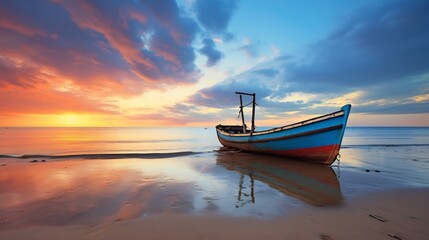 Fototapeta premium Picturesque Fishing Boat Anchored by Breathtaking Sunset on Sandy Beach