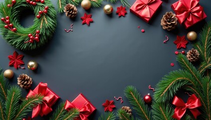 Flat lay of holiday season décor with Christmas wreath, red ribbons, and pinecones on a dark surface with space for your personalized seasonal message.