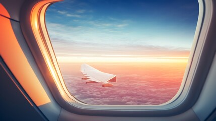 Airplane Wing View From Passenger Window During Vibrant Aerial Sunset Flight