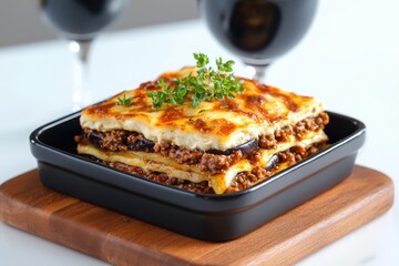 Savoring hearty moussaka layers eggplant and ground beef delight in a cozy kitchen setting
