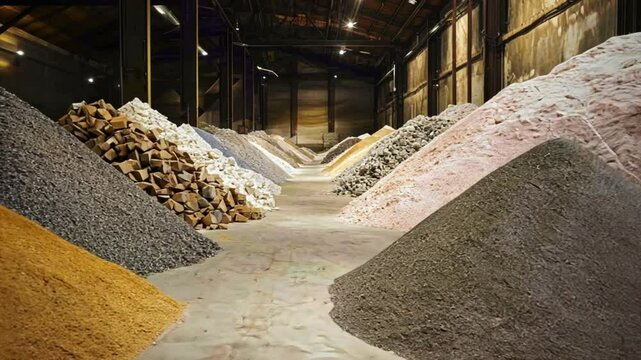 Non-metallic minerals, including limestone and gypsum, displayed in large storage piles.