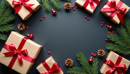 Flat lay of beautifully wrapped gifts, red ribbons, pine branches, and pinecones on a dark surface with space for personalized holiday text.