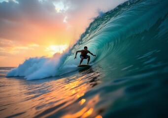 Surfer rides a wave at sunset with vibrant colors reflecting on the water's surface