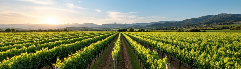 Expansive vineyard landscape with lush green vines under a bright blue sky at sunset.