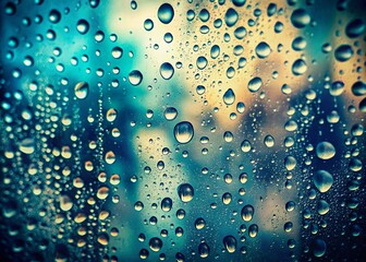 Vintage Style Photography of Water Droplets on Blue Glass After Rain, Capturing the Essence of Nature’s Beauty and Serenity in Atmospheric Weather Conditions