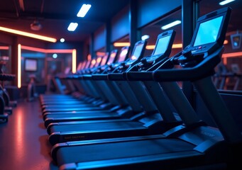 Modern fitness area featuring illuminated treadmills for exercise enthusiasts in a sleek gym environment